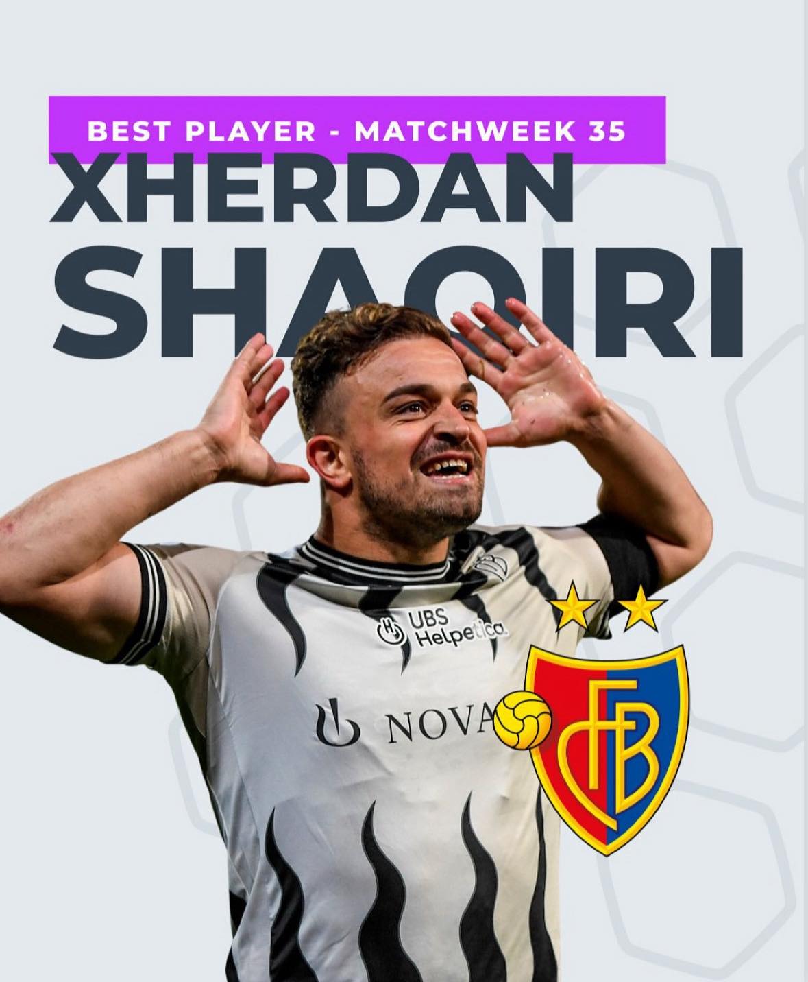 May be an image of 1 person, playing football, playing American football and text that says "PLAYER MATCHWEEK 35 XHERDAN SHAGIRI CURI BUBS UBS Helpet Helpeico Ico. U NOVA"